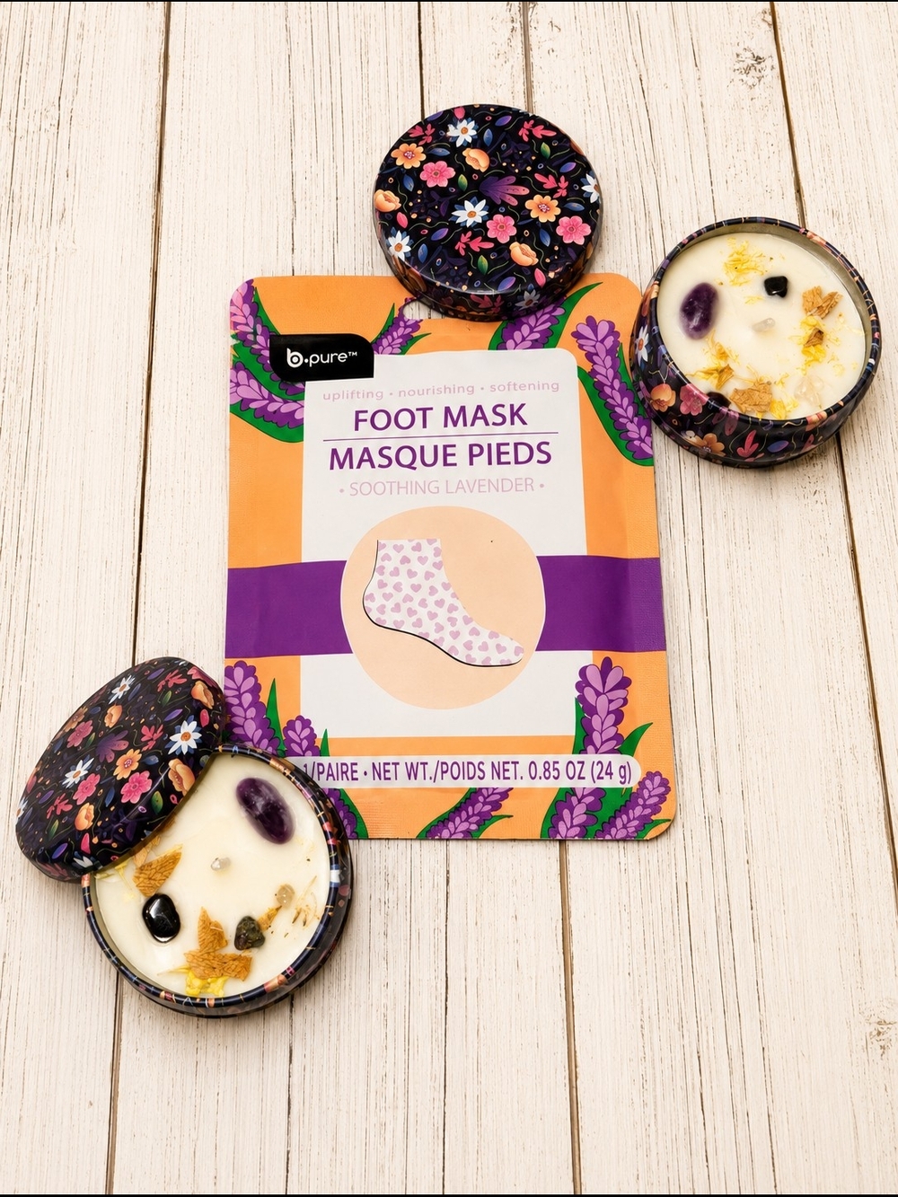 Soothing Lavender Foot Mask & Soy Candles With Natural Stones